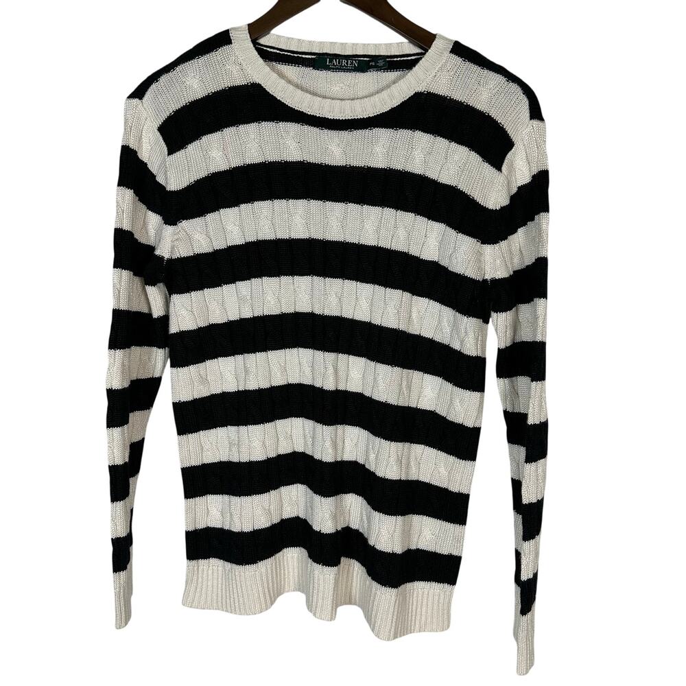 Lauren‎ Ralph Lauren Black Cream Striped Cable Knit Sweater Petite S Preppy